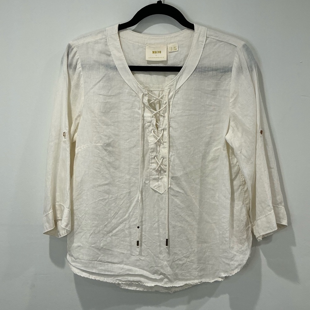 Maeve by Anthropologie Ivory Lace Up Linen Top - Picture 1 of 8